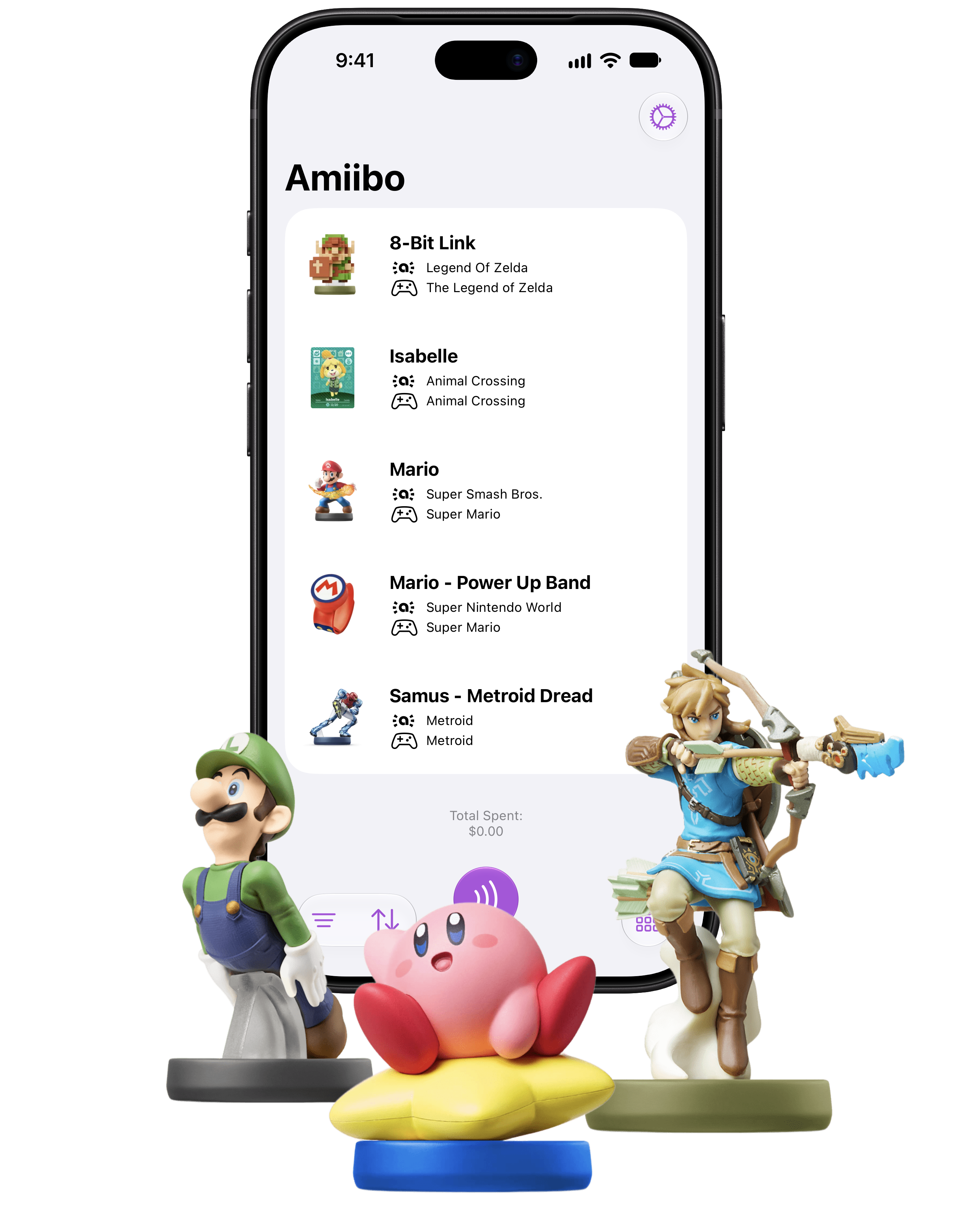 Amiilog’s collection screen with amiibo figures in front