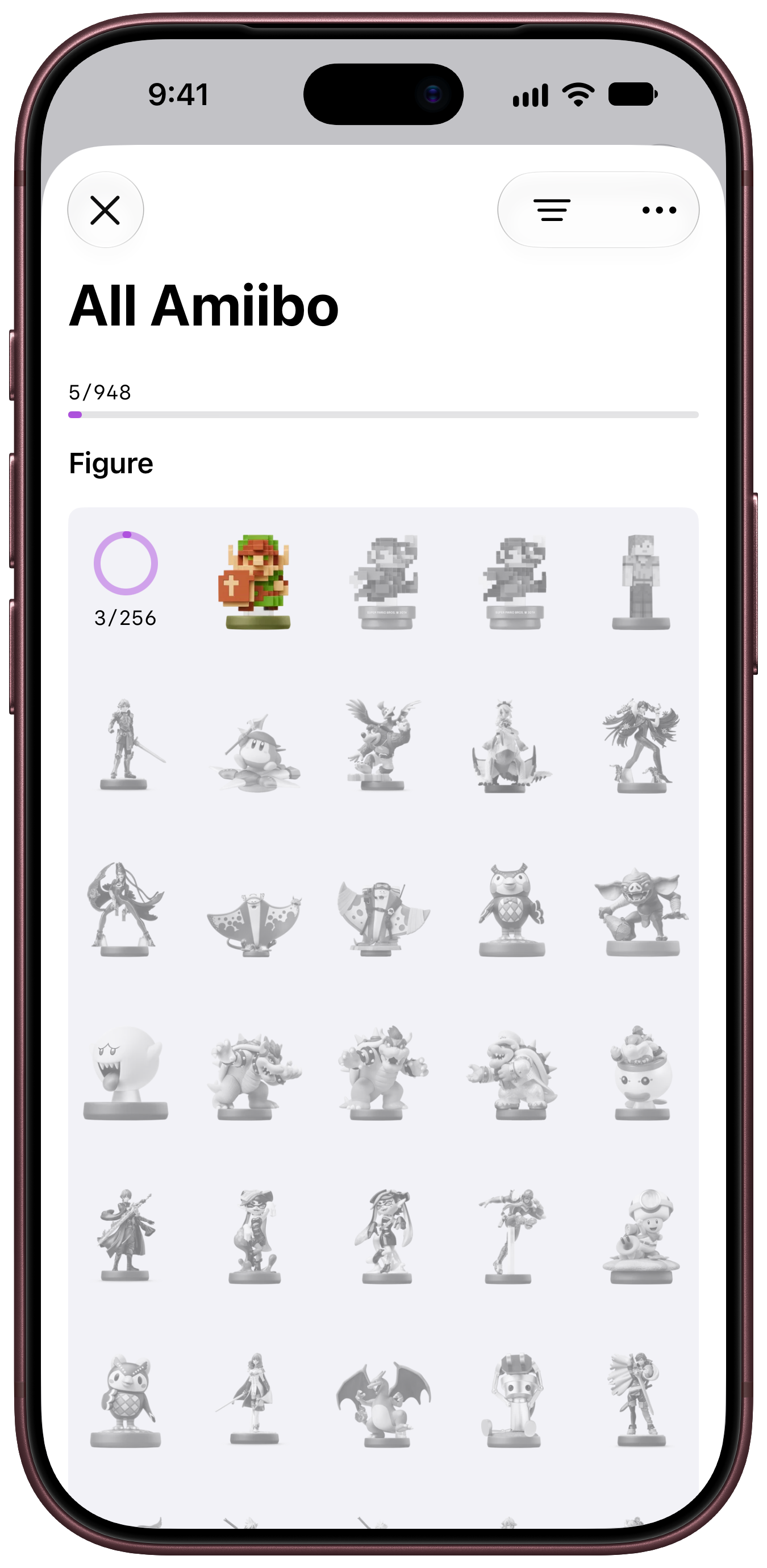 The catalog showing collection progress and amiibo figures